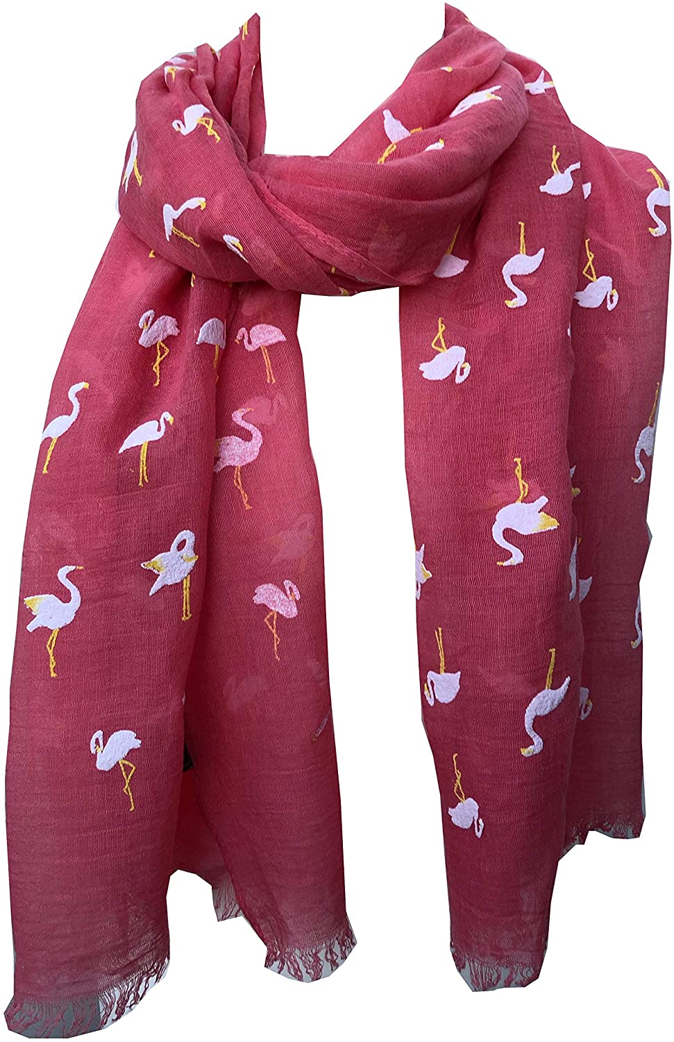 Pamper Yourself Now Coral with White Standing up Flamingo Long Scarf/wrap with Frayed Edge