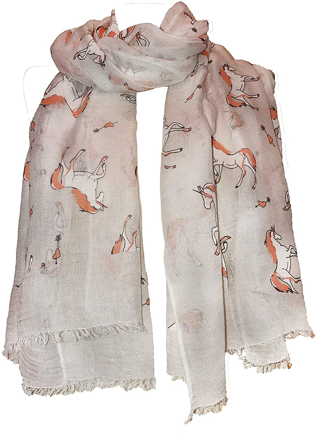Pamper Yourself Now White Unicorn Design Long Scarf/wrap with Frayed Edge