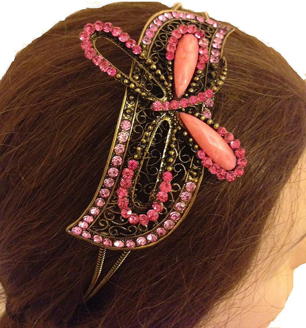 Pink/peach Dragonfly design aliceband, headband with pretty stone