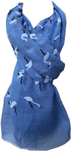 Load image into Gallery viewer, Pamper Yourself Now Blue with White Standing up Flamingo Long Scarf/wrap with Frayed Edge

