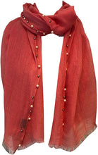 Load image into Gallery viewer, Pamper Yourself Now Coral with Beads and Pearls with Frayed Edge Long Soft Scarf/wrap
