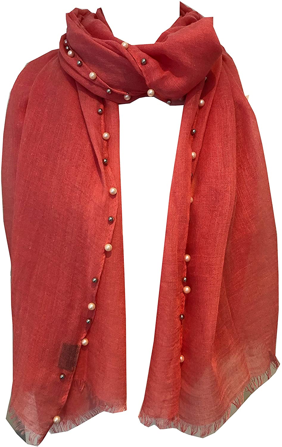 Pamper Yourself Now Coral with Beads and Pearls with Frayed Edge Long Soft Scarf/wrap