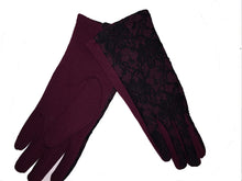 Load image into Gallery viewer, G1409 Burgundy with black lace ladies Gloves. One size
