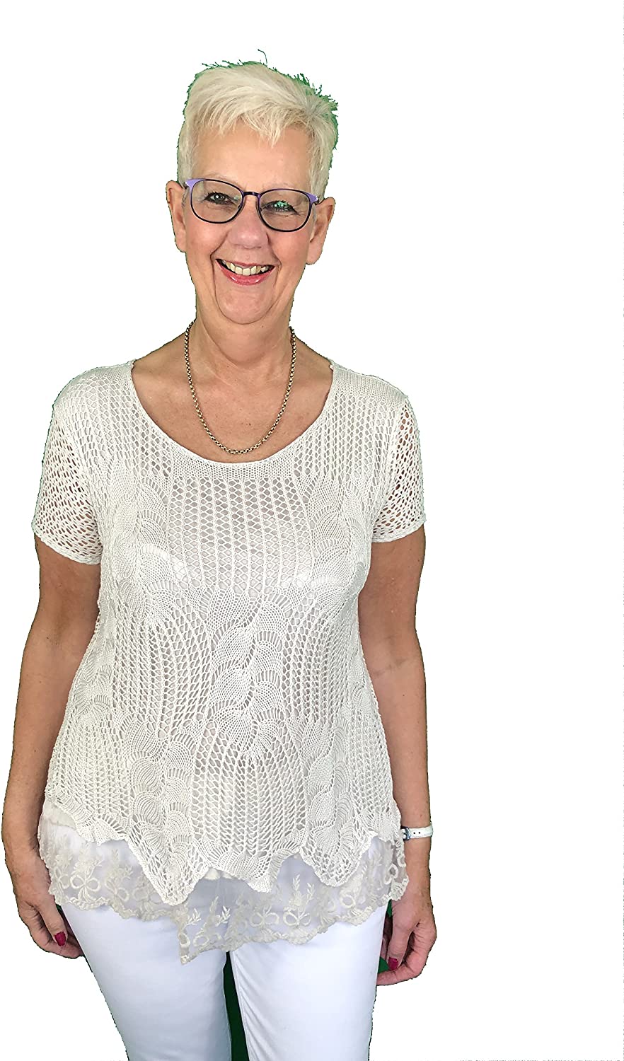 Pamper Yourself Now ltd Ladies Beige Crochet Lace Short Sleeve top.Made in Italy (AA12)
