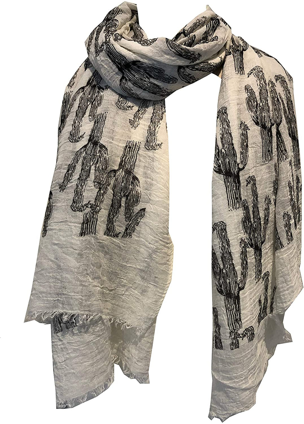 Cream with black cactus scarf with frayed edge long soft scarf