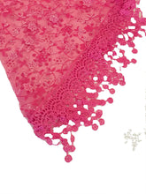 Load image into Gallery viewer, Pamper Yourself Now Fuschia Pink with White Glittery Flower lace Triangle Scarf with lace Trim
