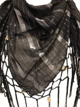 Load image into Gallery viewer, Black with Striped Silver Gypsy Style Triangle Scarf
