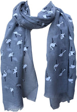 Load image into Gallery viewer, Pamper Yourself Now Grey with White Standing up Flamingo Long Scarf/wrap with Frayed Edge
