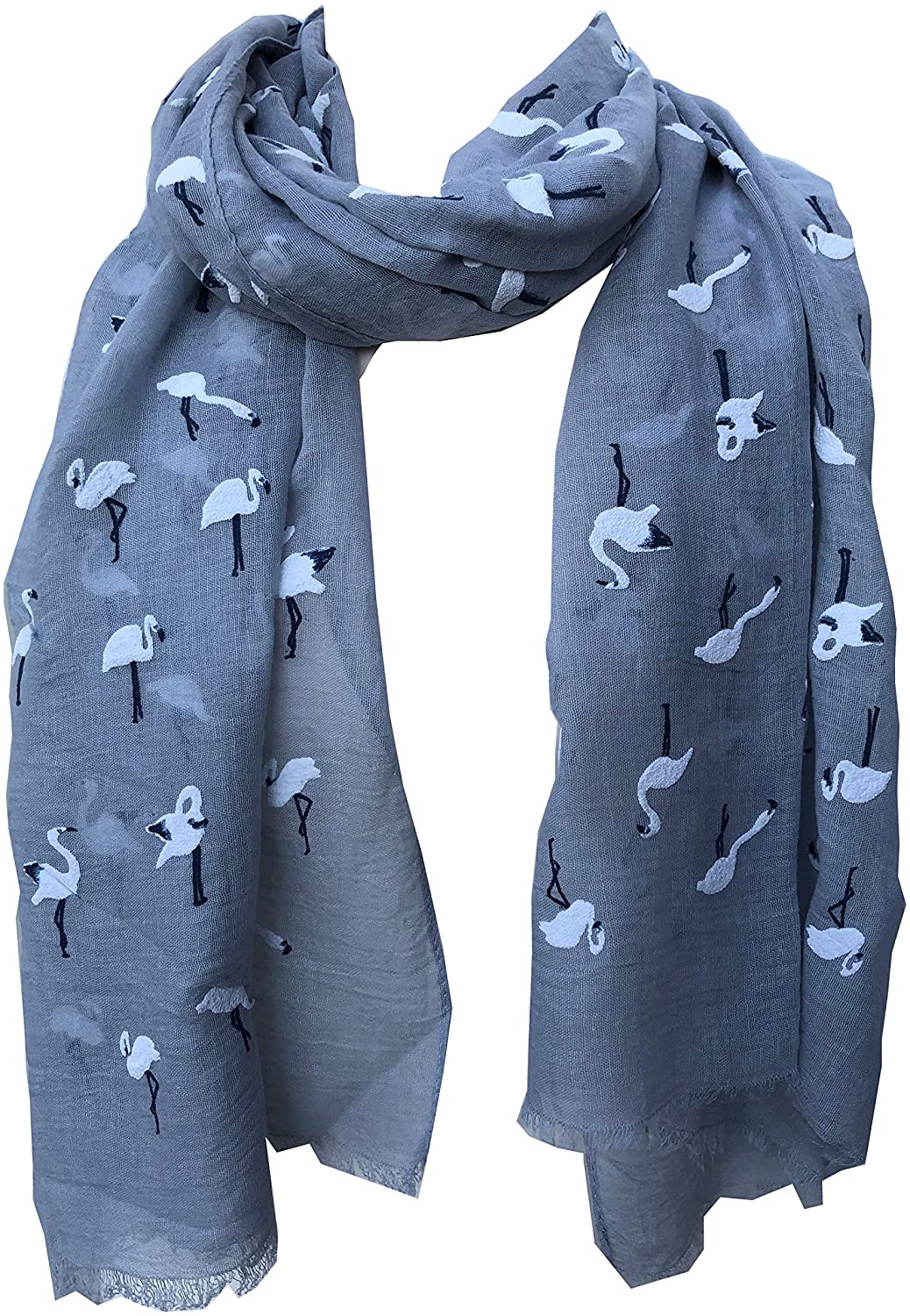 Pamper Yourself Now Grey with White Standing up Flamingo Long Scarf/wrap with Frayed Edge