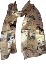 Load image into Gallery viewer, Pamper Yourself Now Gold/Beige Shiny Dog Scarf with Different Dog Breeds
