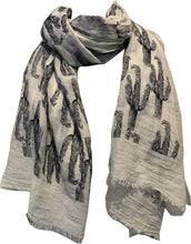 Load image into Gallery viewer, Cream with blue cactus scarf with frayed edge long soft scarf
