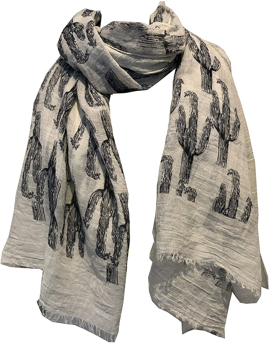 Cream with blue cactus scarf with frayed edge long soft scarf