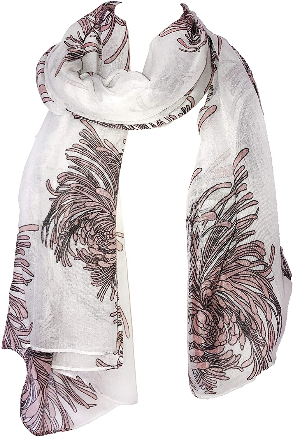 Pamper Yourself Now Cream with Pink Chrysanthemum Flower Long Scarf, Soft Ladies Fashion London