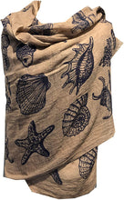 Load image into Gallery viewer, Pamper Yourself Now Beige/Brown with Blue Shells, Star Fish, sea Horse and Fish Under The sea Long Scarf with Frayed Edge.

