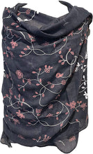 Load image into Gallery viewer, Blue with pink embroidered flowers and leaf design long Scarf/wrap with frayed edge
