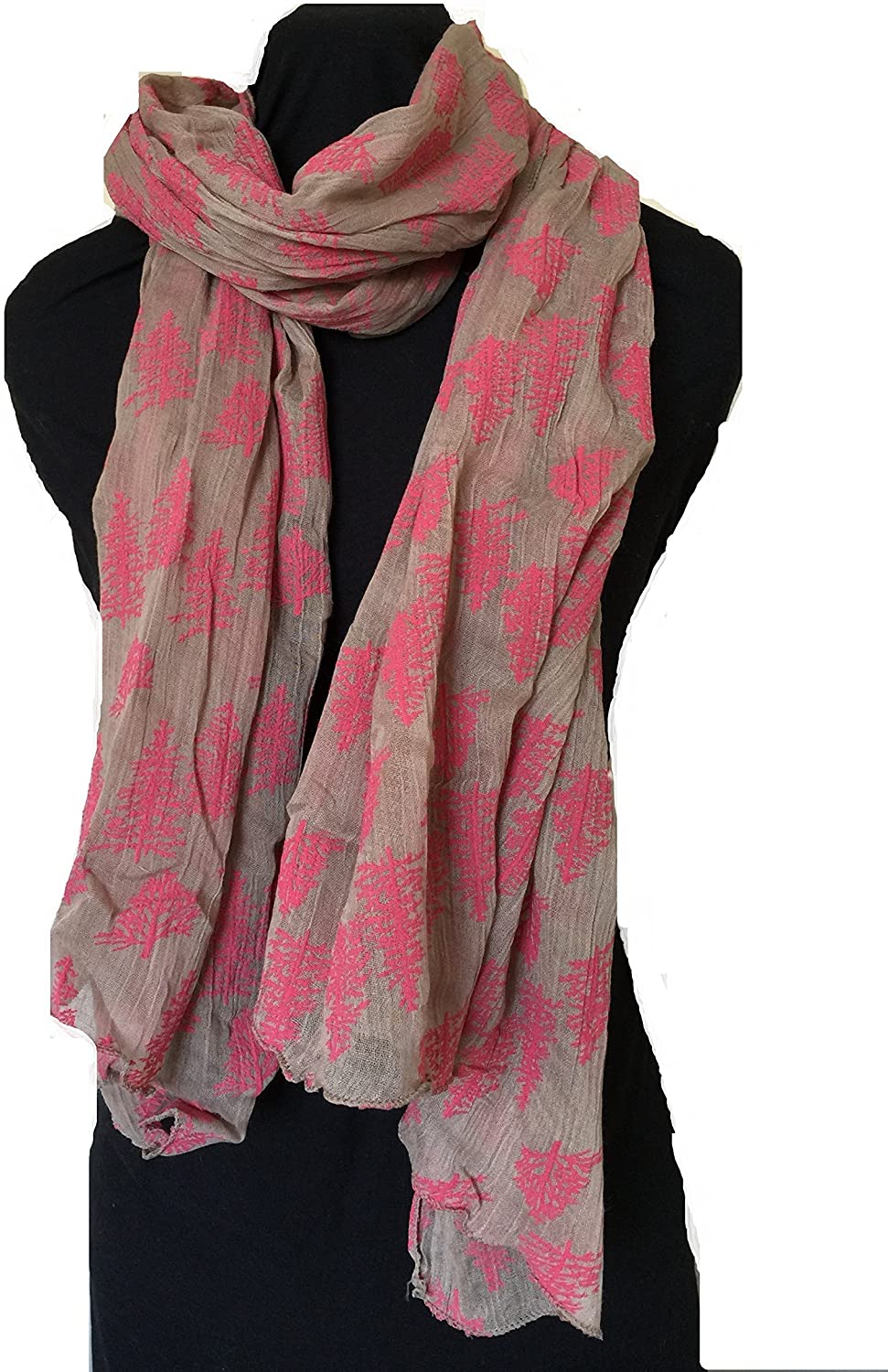 Pamper Yourself Now Beige with Pink Embossed Trees Design Scarf. Lovely Long Ladies Scarf