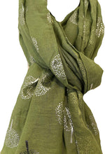 Load image into Gallery viewer, Pamper Yourself Now Green with Silver Foiled Mulberry Tree Design Ladies Scarf/wrap. Great Present for Mum, Sister, Girlfriend or Wife.
