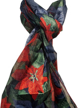 Load image into Gallery viewer, Pamper Yourself Now Blue and red Poinsettia Flower Design Scarf Thin Pretty Christmas Scarf
