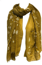 Load image into Gallery viewer, Pamper Yourself Now Mustard with White Embroidered Flowers and Leaf Design Long Scarf/wrap with Frayed Edge
