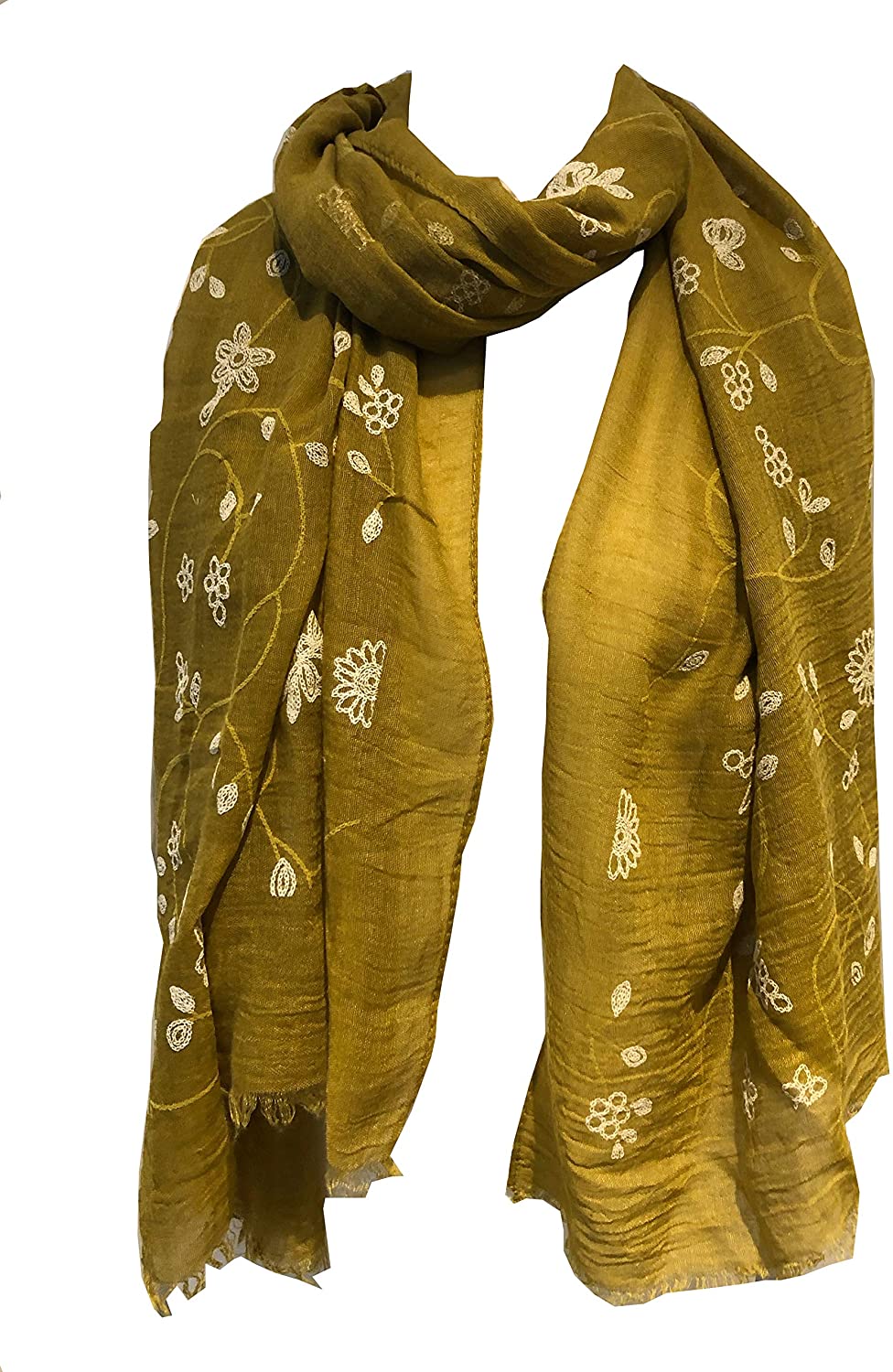 Pamper Yourself Now Mustard with White Embroidered Flowers and Leaf Design Long Scarf/wrap with Frayed Edge