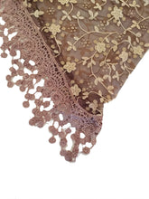 Load image into Gallery viewer, Pamper Yourself Now Brown with White Glittery Flower lace Triangle Scarf with lace Trim
