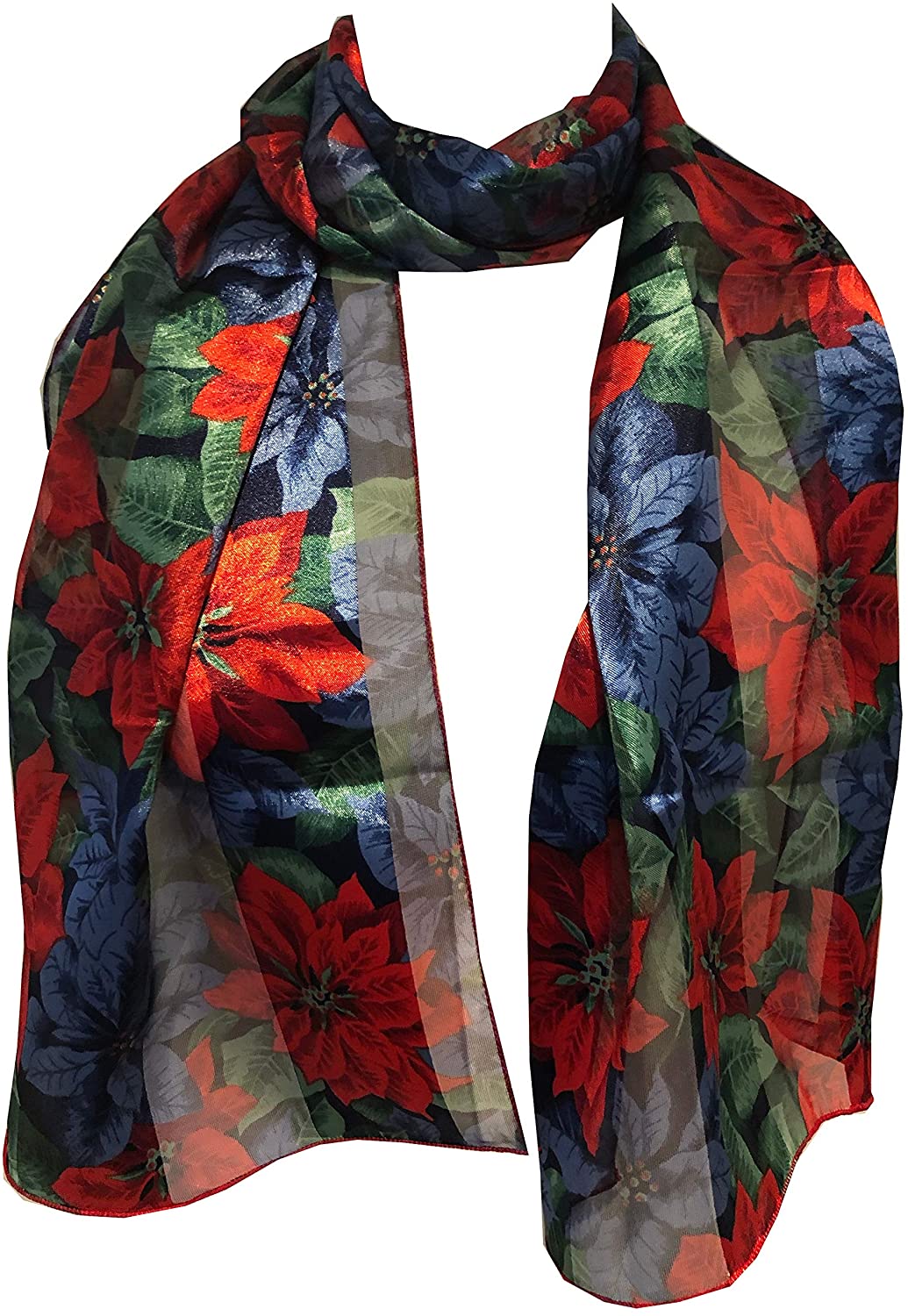 Pamper Yourself Now Blue and red Poinsettia Flower Design Scarf Thin Pretty Christmas Scarf