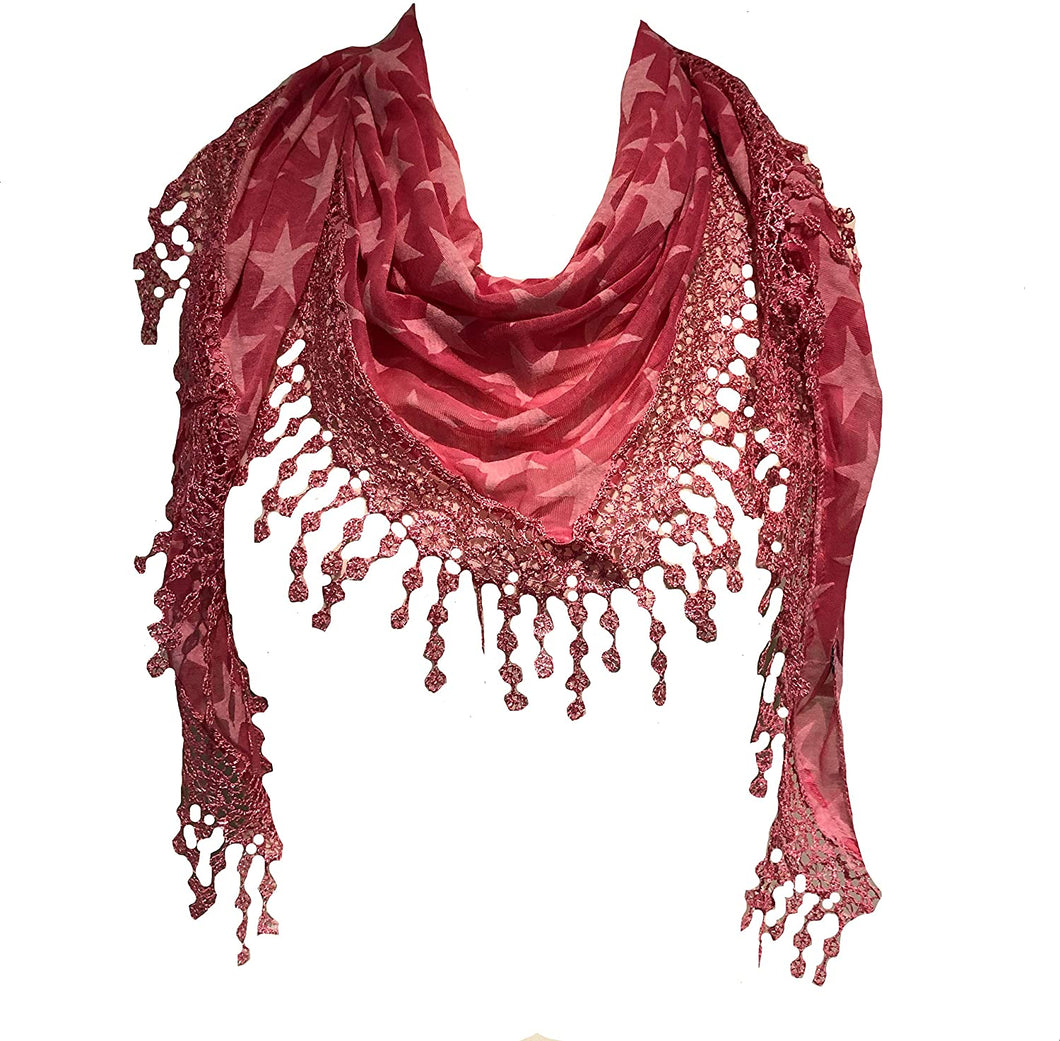 Pamper Yourself Now Pink with Beige Star lace Trimmed Triangle Scarf