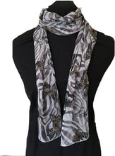 Load image into Gallery viewer, White with Brown Zebra Animal Print with Butterflies Chiffon Style Thin Scarf.
