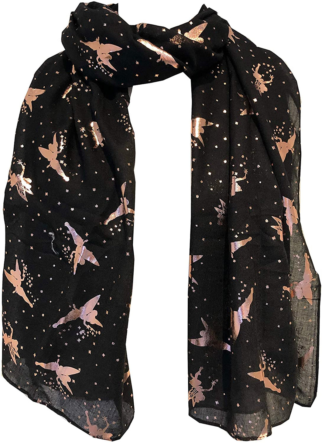 Pamper Yourself Now Black with Gold Fairy Design Long Scarf/wrap