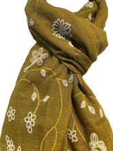 Load image into Gallery viewer, Pamper Yourself Now Mustard with White Embroidered Flowers and Leaf Design Long Scarf/wrap with Frayed Edge
