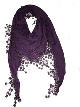 Load image into Gallery viewer, Deep purple Jersey with sparkle and lace trimmed triangle Scarf Soft Summer Fashion London Fashion Fab Gift

