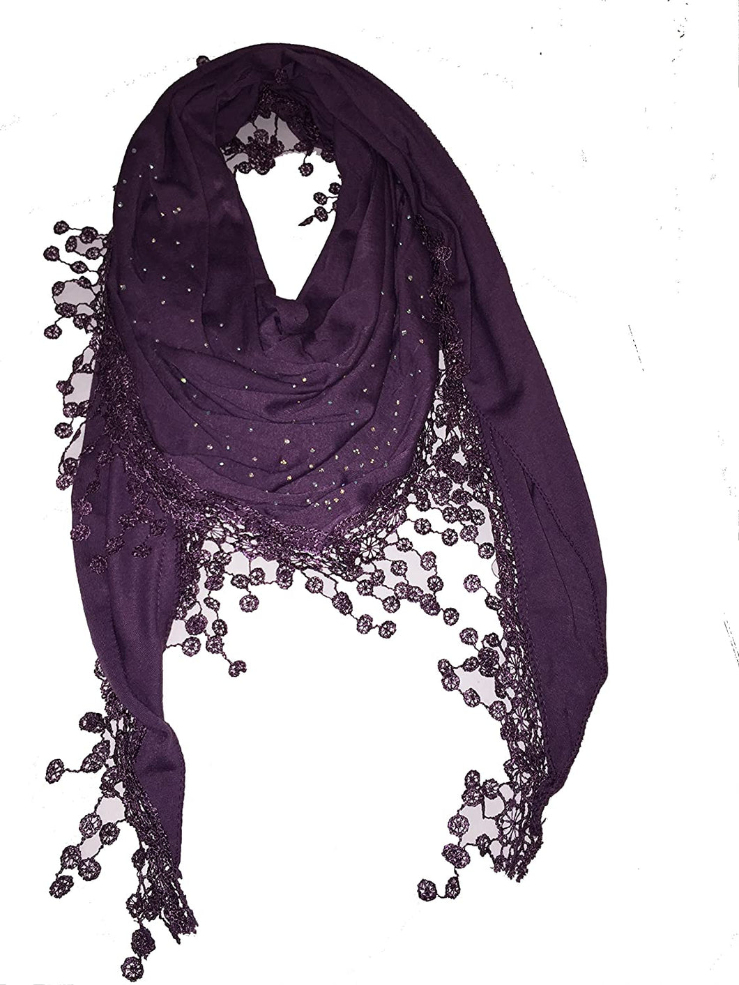 Deep purple Jersey with sparkle and lace trimmed triangle Scarf Soft Summer Fashion London Fashion Fab Gift