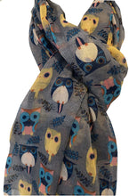 Load image into Gallery viewer, Pamper Yourself Now Grey Big Eye Owls Design Pretty Scarf, Long Soft Ladies Fashion London
