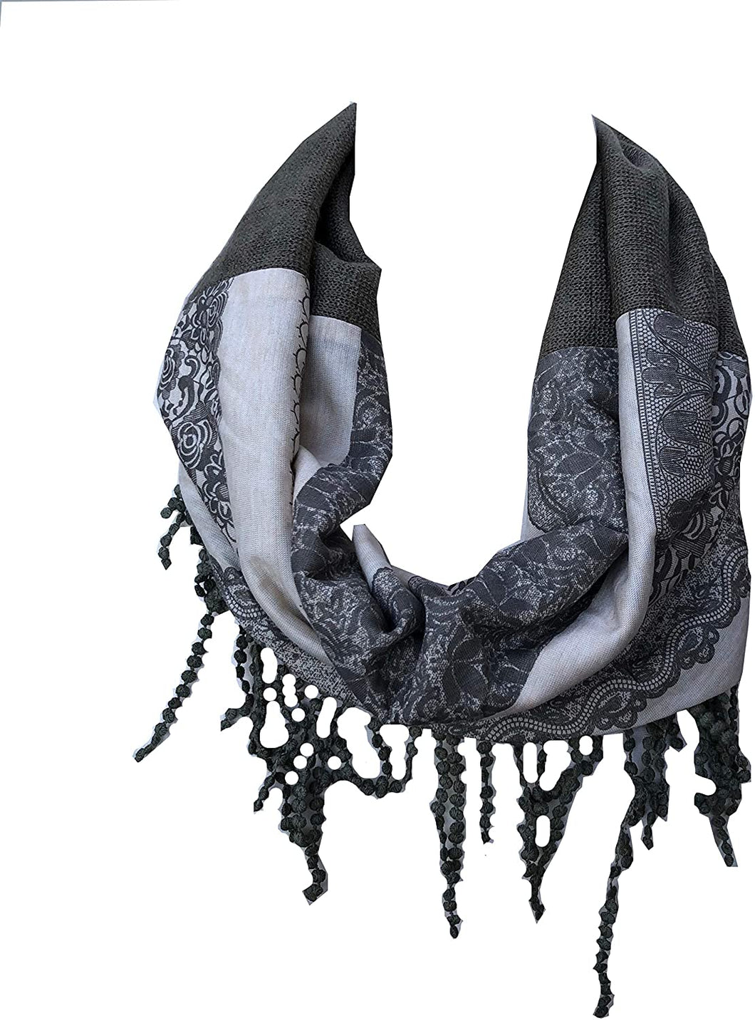 Grey funky snood with diamond design finish and small tassels