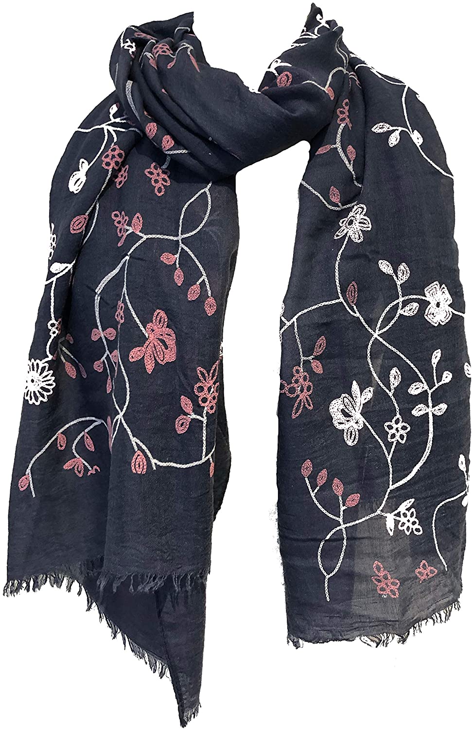 Blue with pink embroidered flowers and leaf design long Scarf/wrap with frayed edge