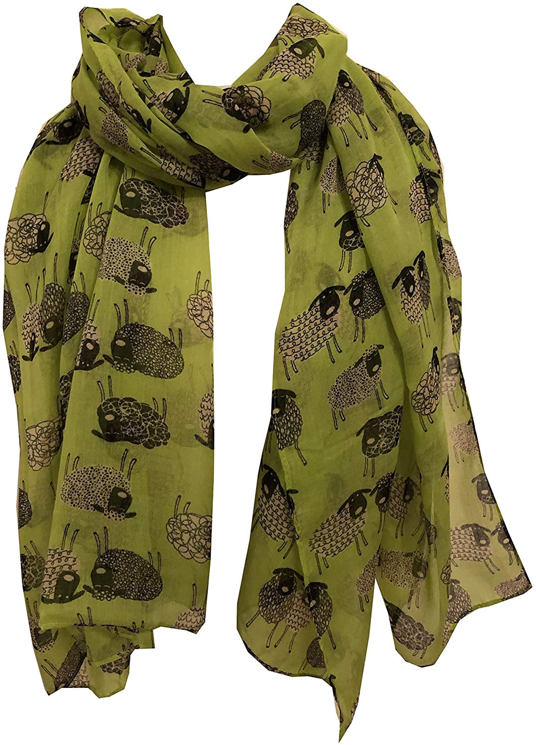 Pamper Yourself Now Light Green Sketched Sheep Design Long Scarf, Soft Ladies Fashion London