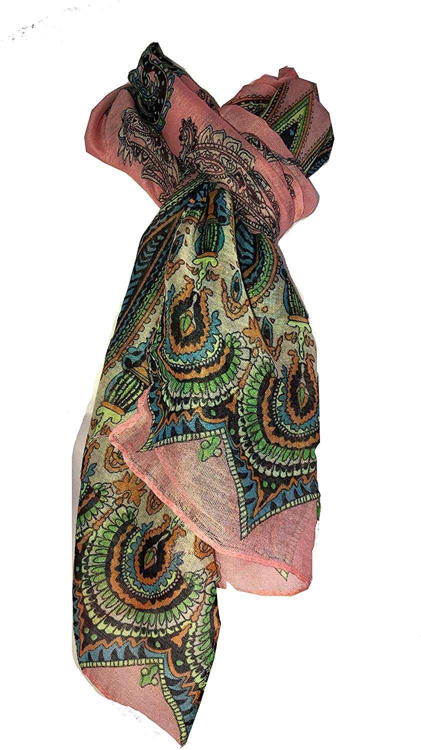 Pamper Yourself Now Pink with Bright Coloured Paisley Long Scarf, Soft Ladies Fashion London