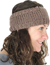 Load image into Gallery viewer, Brown woollen machine knitted headband with flower. Warm winter headband
