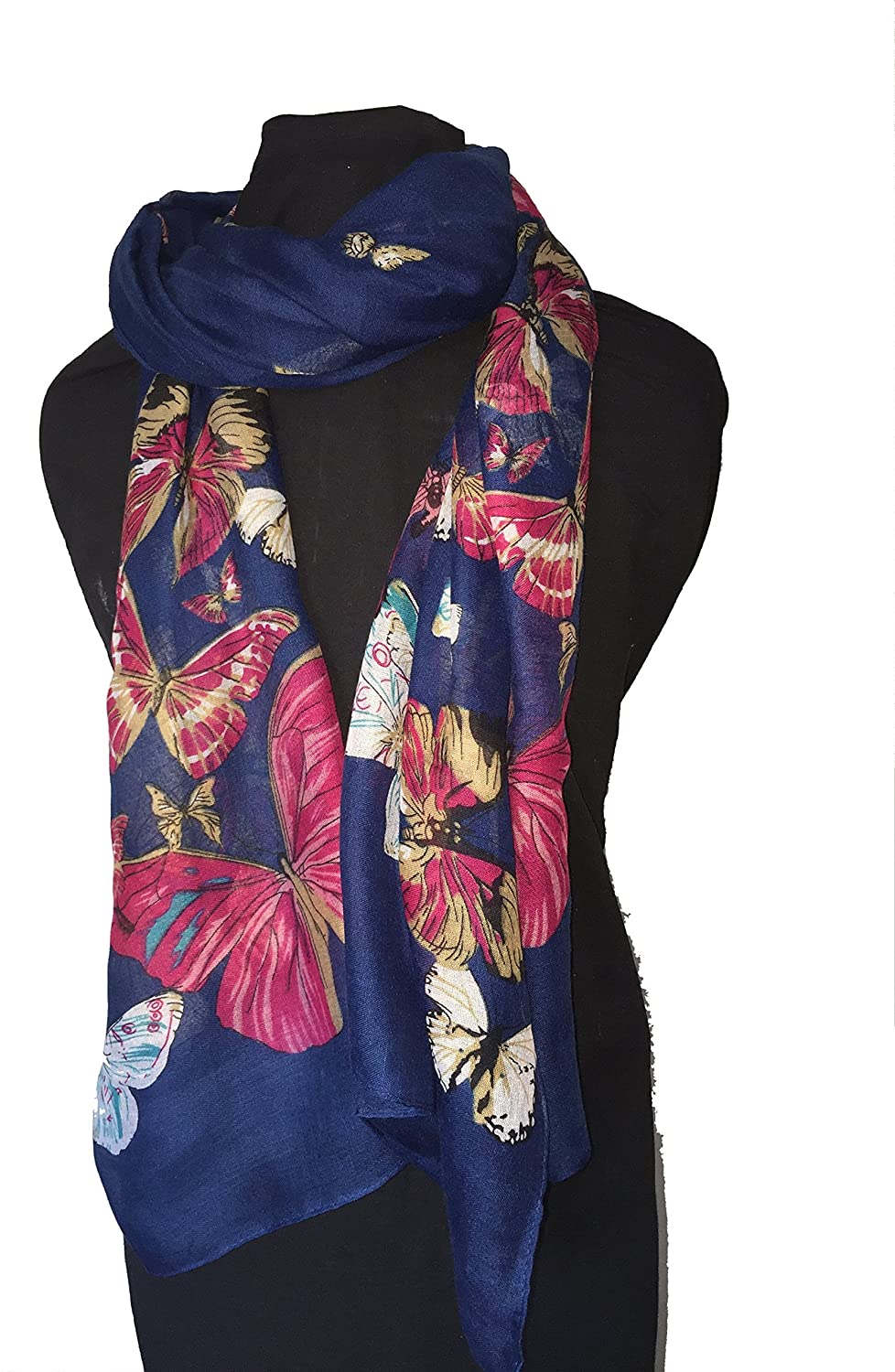 Pamper Yourself Now Navy Blue Scarf with Big and Small Butterflies
