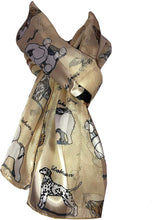 Load image into Gallery viewer, Pamper Yourself Now Gold/Beige Shiny Dog Scarf with Different Dog Breeds
