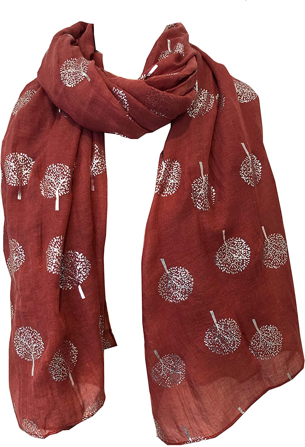 Pamper Yourself Now Rusty red with Silver Foiled Mulberry Tree Design Ladies Scarf/wrap. Great Present for Mum, Sister, Girlfriend or Wife.