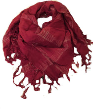 Load image into Gallery viewer, Red with silver checked design square scarf with tassels
