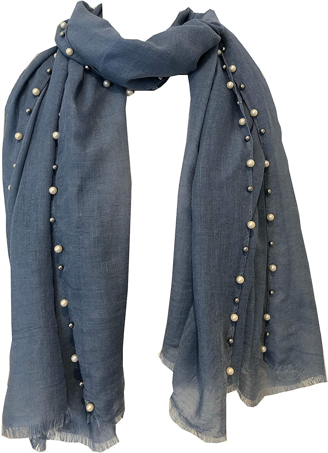 Pamper Yourself Now Denim Blue with Beads and Pearls with Frayed Edge Long Soft Scarf/wrap