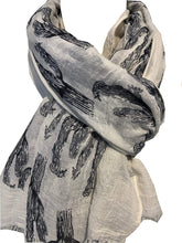 Load image into Gallery viewer, Cream with blue cactus scarf with frayed edge long soft scarf
