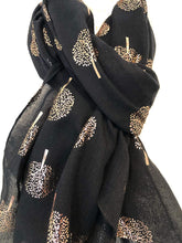 Load image into Gallery viewer, Pamper Yourself Now Black with Gold Foiled Mulberry Tree Design Ladies Scarf/wrap. Great Present for Mum, Sister, Girlfriend or Wife.
