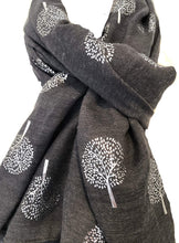 Load image into Gallery viewer, Pamper Yourself Now Dark Grey with Silver Foiled Mulberry Tree Design Ladies Scarf/wrap. Great Present for Mum, Sister, Girlfriend or Wife.
