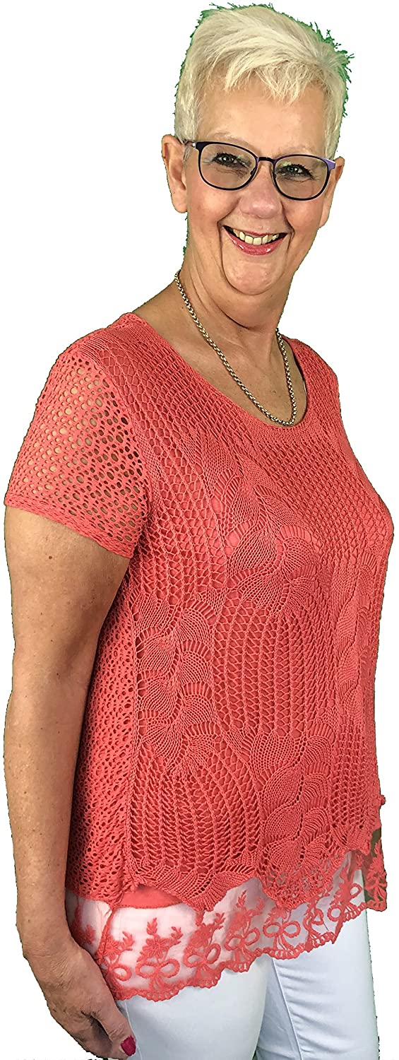 Pamper Yourself Now ltd Ladies Coral Crochet lace Short Sleeve top.Made in Italy (AA16) (Medium)