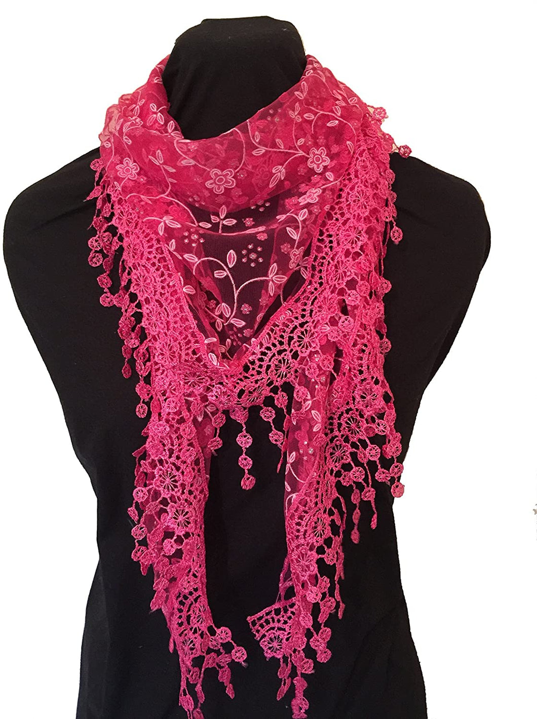 Pamper Yourself Now Fuschia Pink with White Glittery Flower lace Triangle Scarf with lace Trim