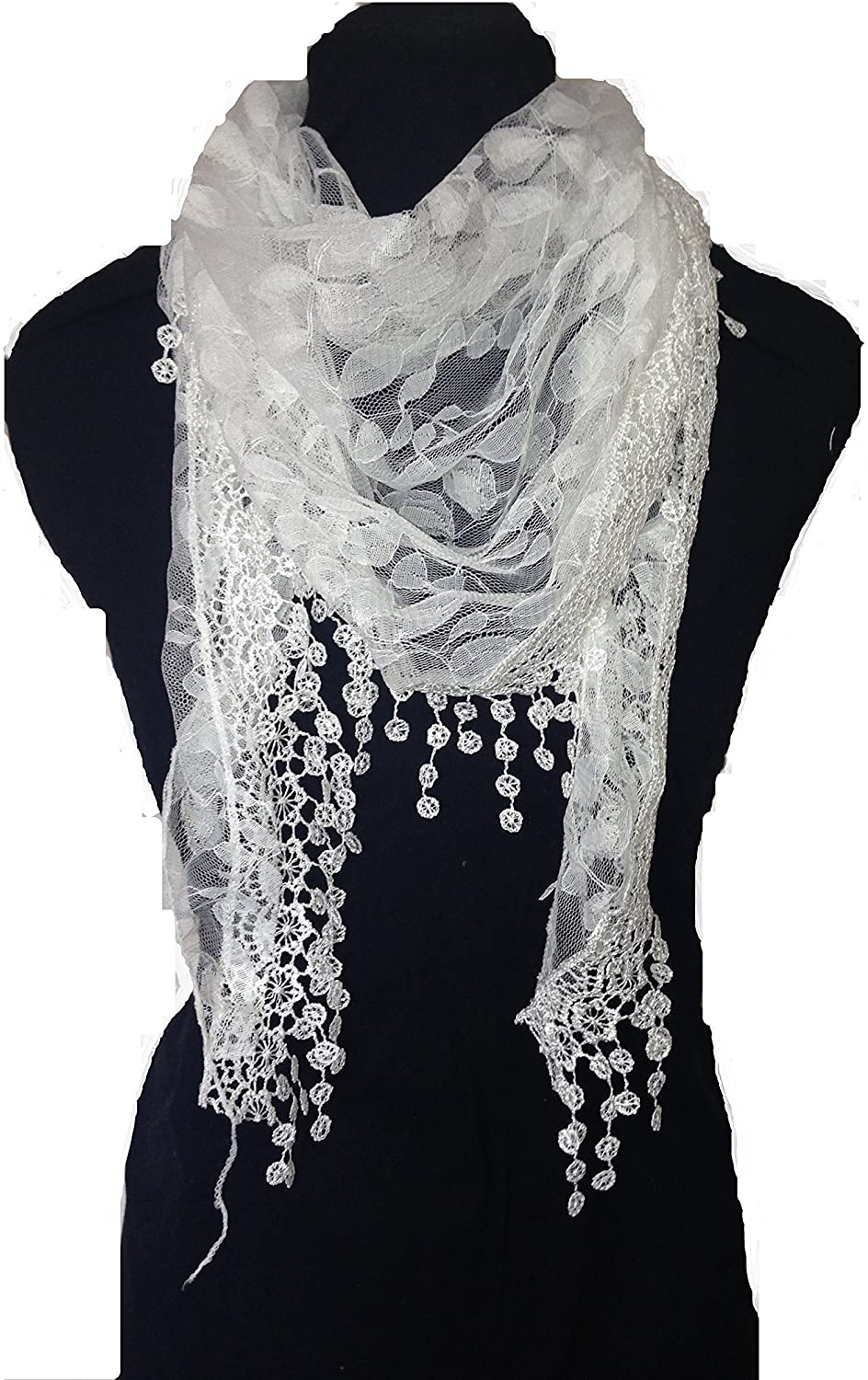 Pamper Yourself Now White Leaves Designs lace Triangle Scarf. a Lovely Fashion Item. Fantastic Gift