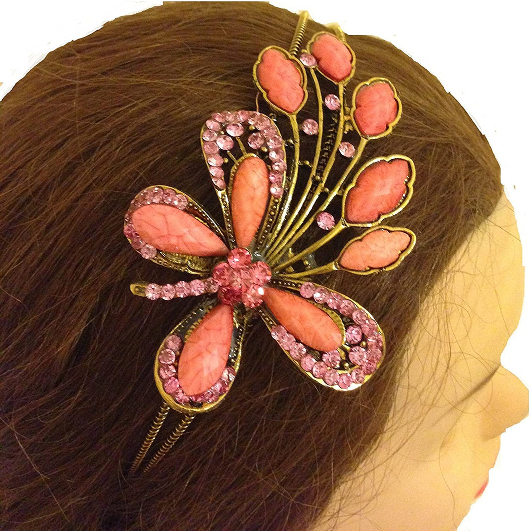Pink/peach big butterfly design aliceband, headband with pretty stone